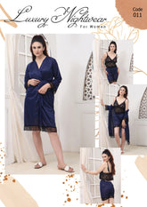 3 Pcs Silk Nighty Set With Gown - 011